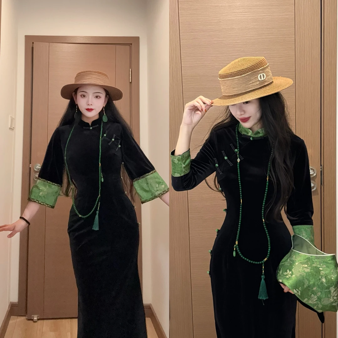 LHMknk1活动画报夫人原创自制秋冬中式贵气丝绒旗袍连衣裙 蓬莱绿