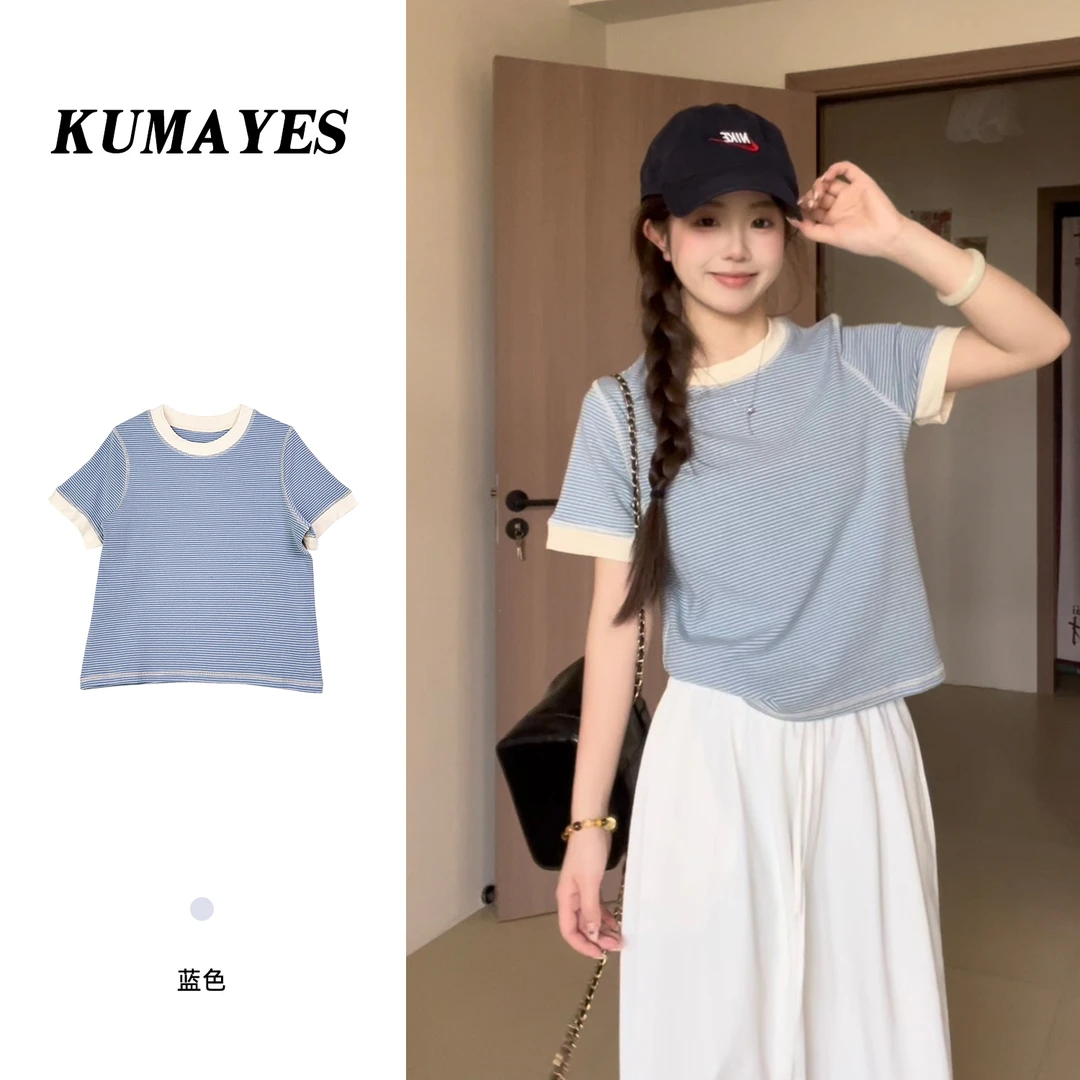 KUMAYES韩系条纹撞色短袖t恤女夏季设计感圆领正肩修身短款上衣