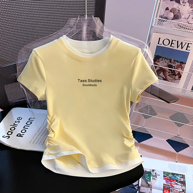 拼接圆领正肩短袖T恤女2025夏季新款假两件褶皱收腰短款修身上衣