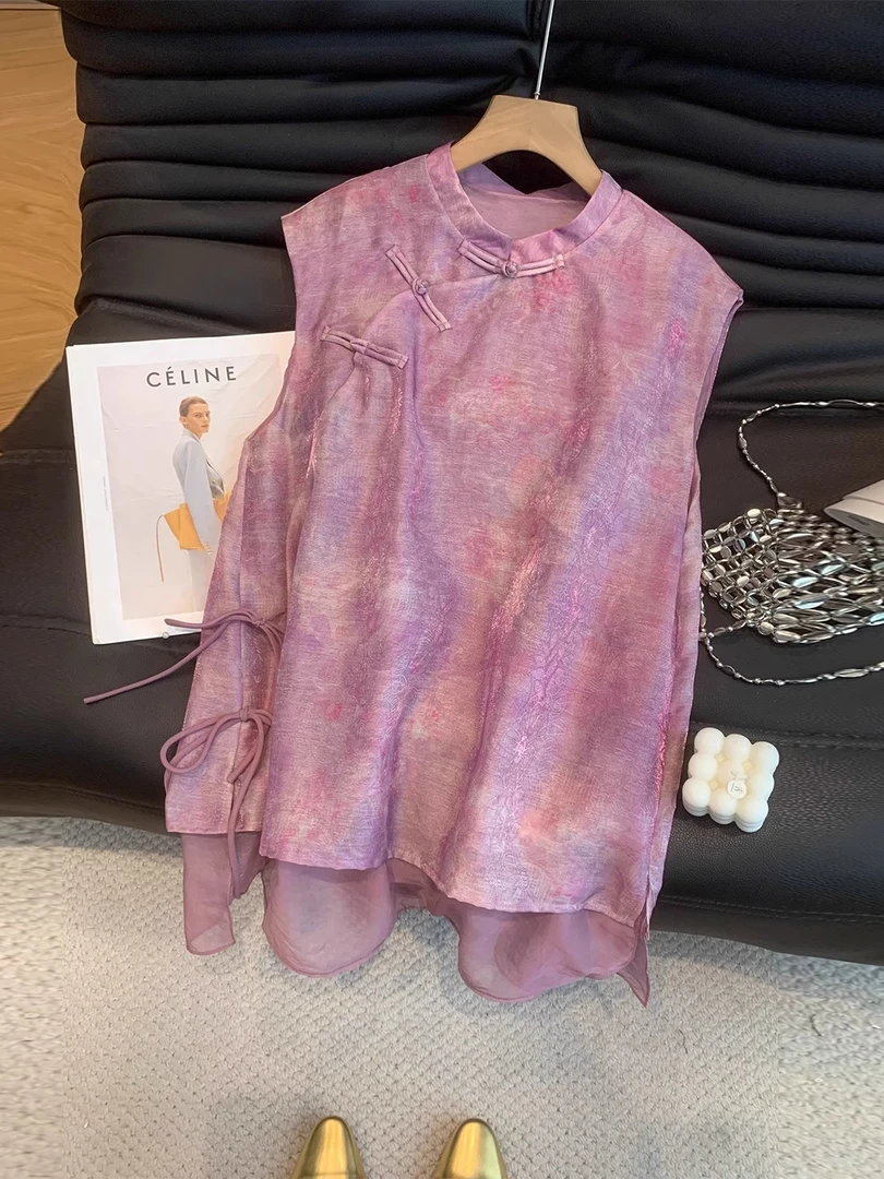 2025夏季新款宽松显瘦衬衫女新中式国风复古提花无袖气质马甲上衣