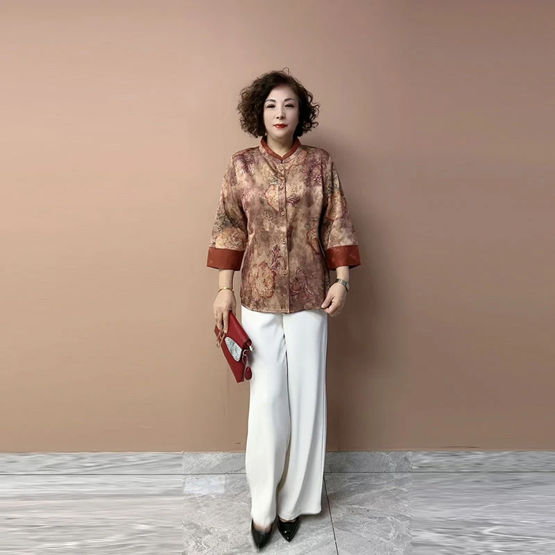 国风休闲中式夏季妈妈衬衫时尚宽松显瘦洋气大码旗袍外套妈妈装