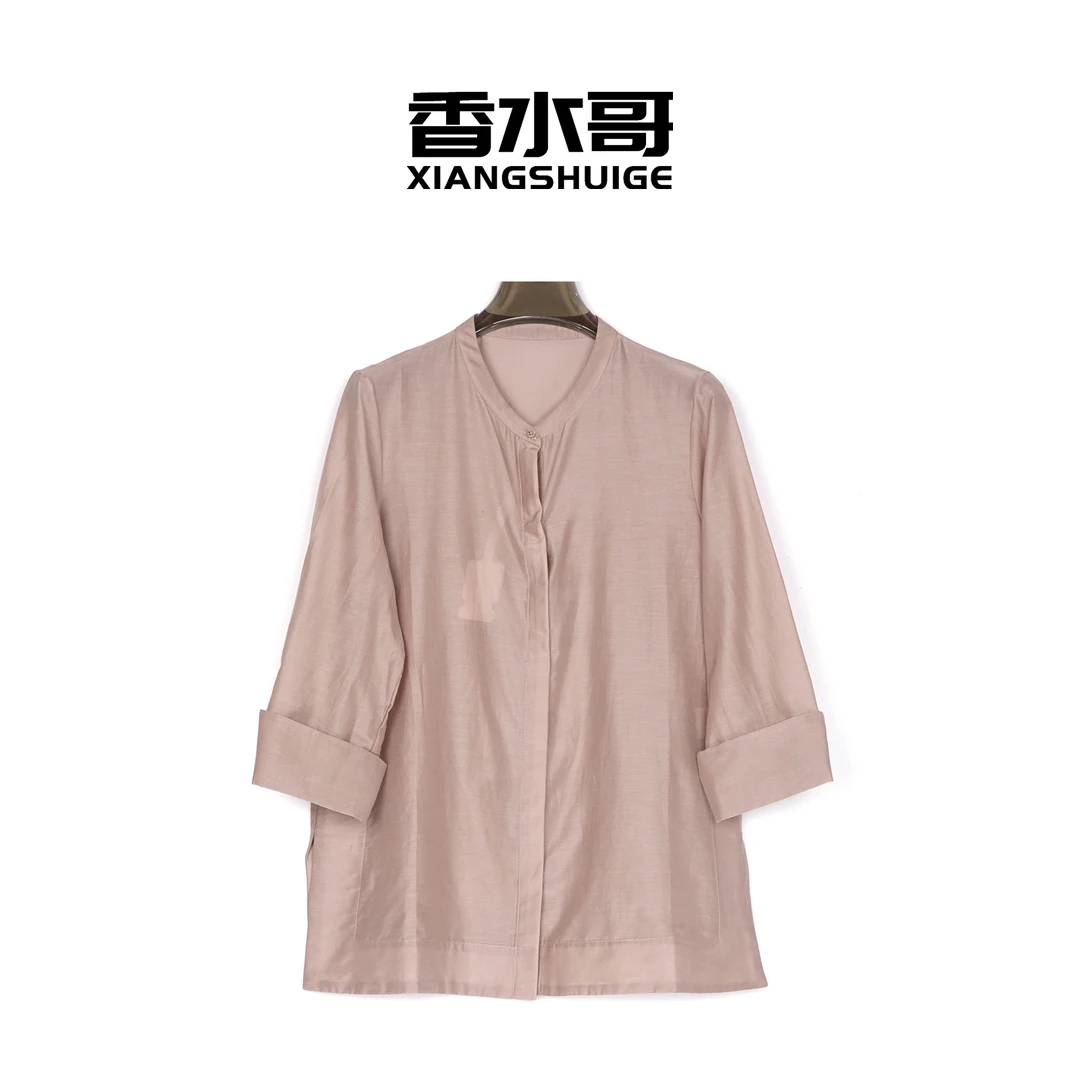 2025夏季新品女装休闲宽松藕粉色衬衫V领长袖桑蚕丝混纺棉质上衣