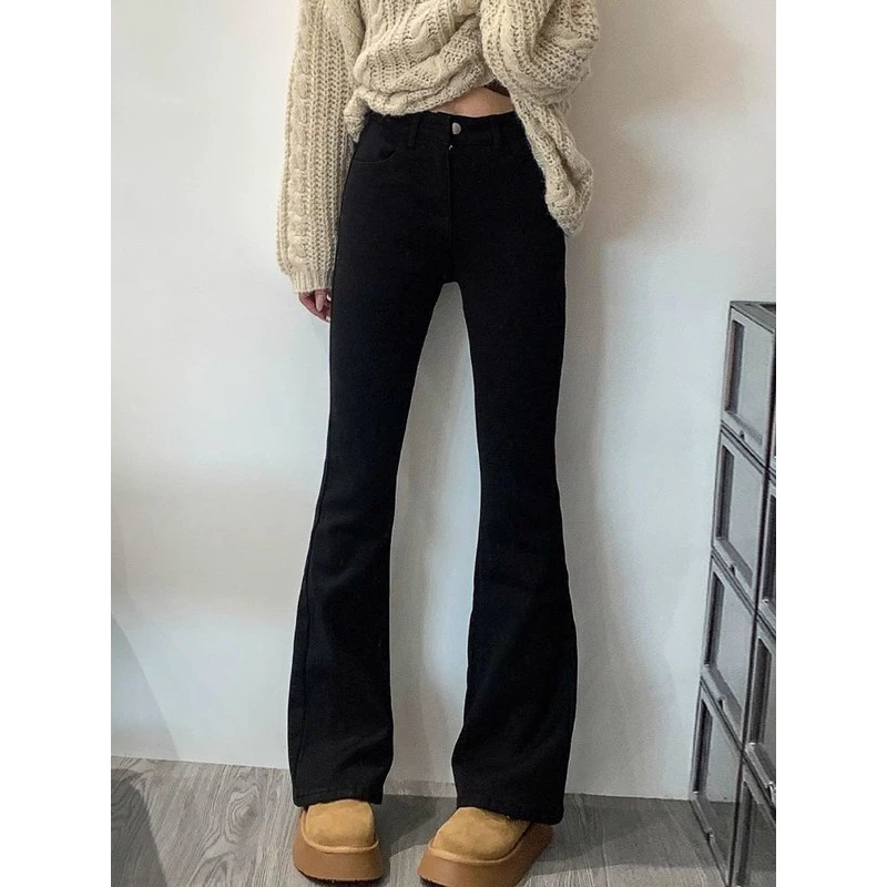 黑色微喇牛仔裤秋冬加绒加厚九分高腰显瘦梨形身材喇叭马蹄裤子