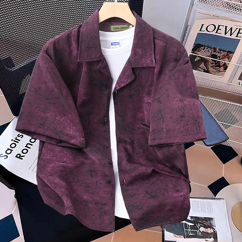 港风夏宽松美式复古新中式清冷感印花古巴领短袖衬衫男女海滩风格