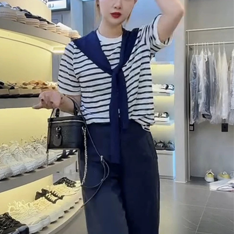 披肩条纹圆领短袖T恤女夏新款韩版度假风宽松百搭洋气两件套上衣