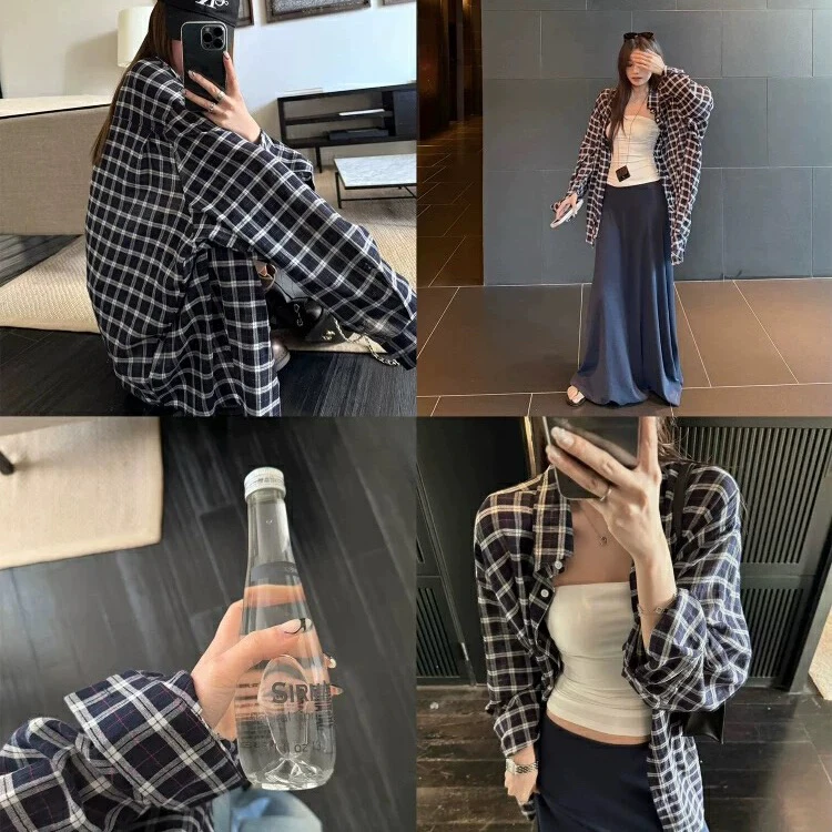 灰灰呀！闺蜜款！慵懒韩风防晒时髦三件套套装(格纹衬衫抹胸裙子)