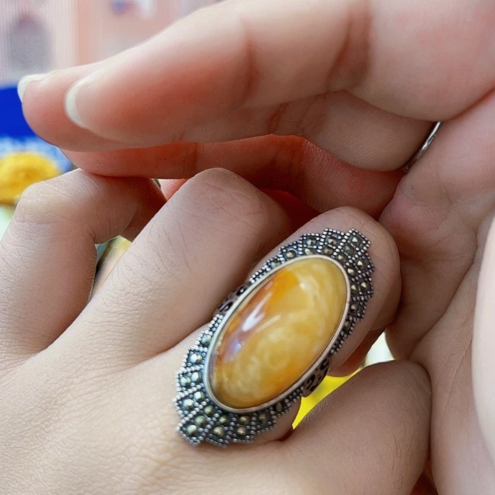 蜜蜡银S925镶嵌裸石戒指