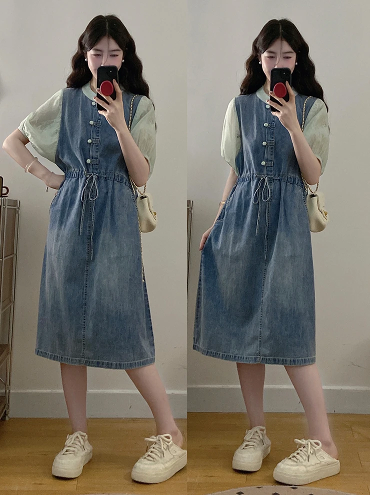 胖MM大码夏新款轻奢高级感收腰显瘦牛仔拼接假两件连衣裙宽松裙子