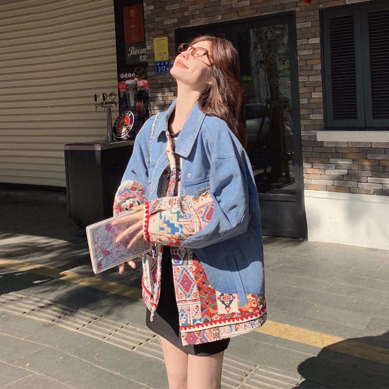 民族风拼接牛仔外套女2025春秋新款甜酷设计感复古松弛感短款开衫