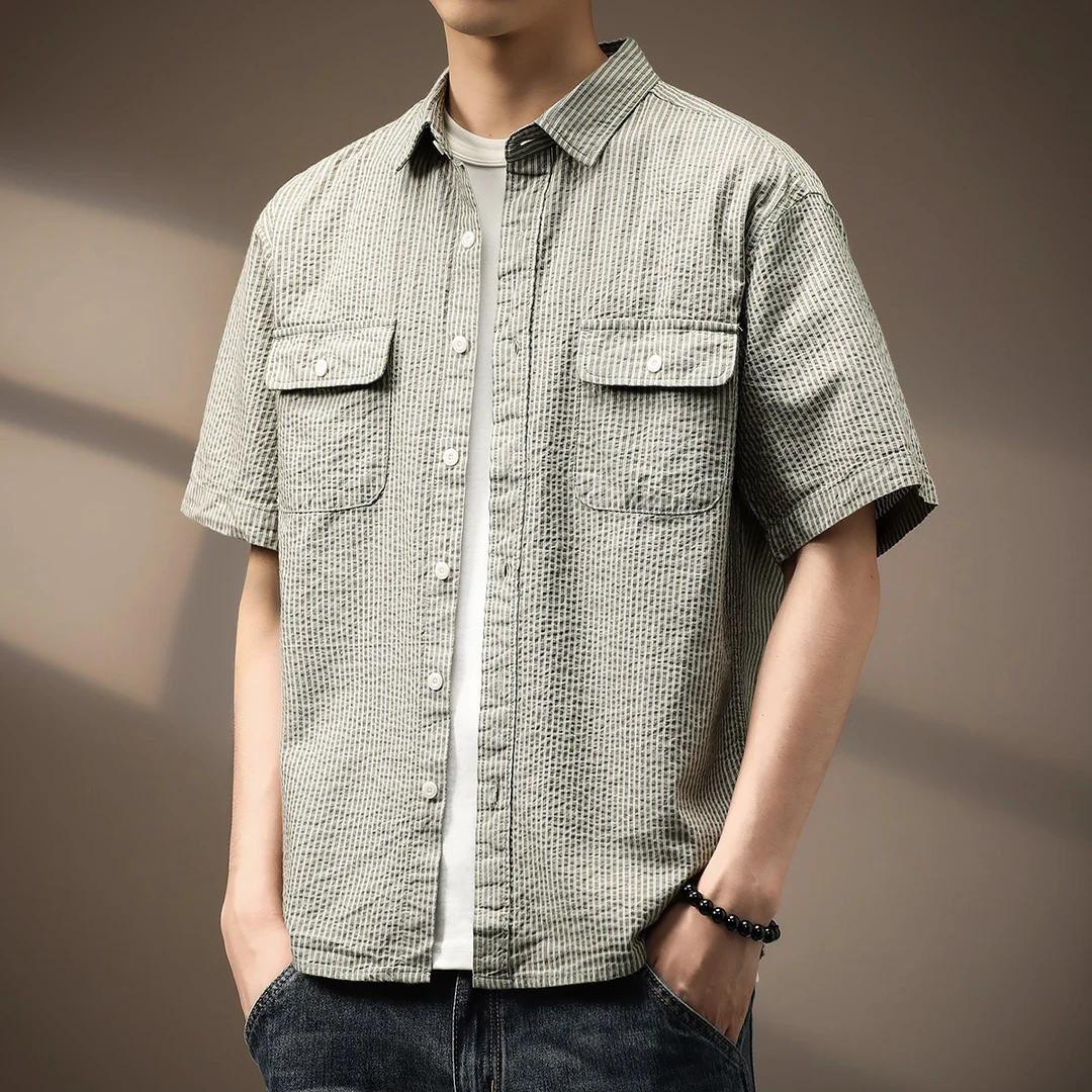 日系复古条纹泡泡纱工装衬衫男夏季薄款纯棉透气男士宽松短袖衬衣