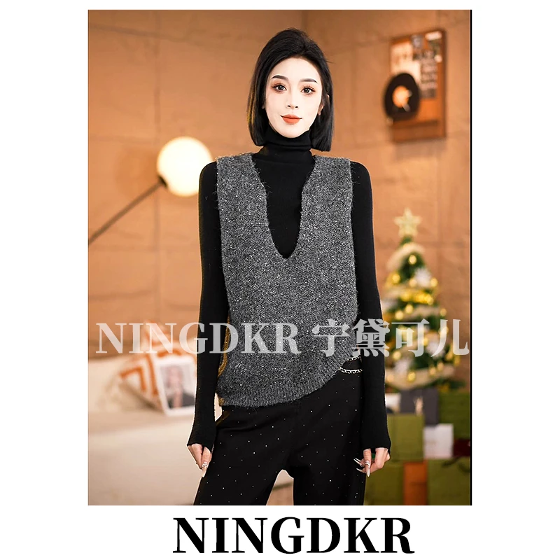 宁B30103好看满天星亮片气质深v领针织衫马甲背心女内搭叠穿毛衣