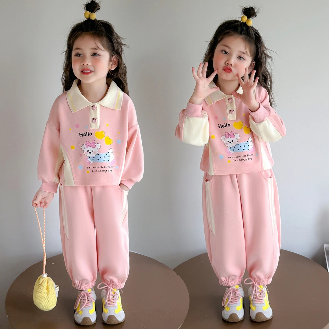 儿童卫衣套装春秋2025新款女童时髦洋气秋装宝宝卡通polo衫两件套