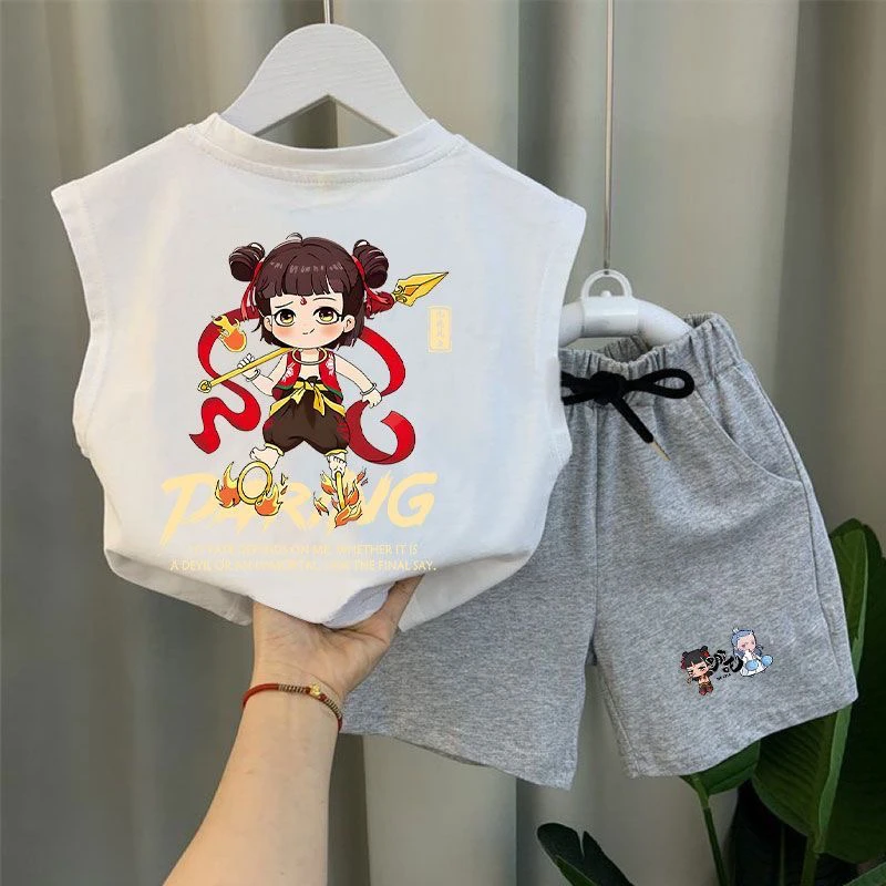 儿童无袖套装T恤2025时尚哪吒卡通百搭中小童男女童汗衫背心上衣