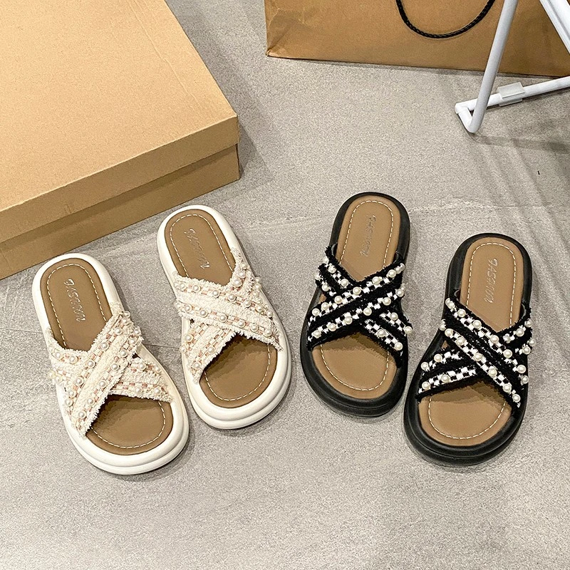 新款珍珠交叉小香风网红时尚夏季百搭外穿仙女风防滑休闲厚底拖鞋
