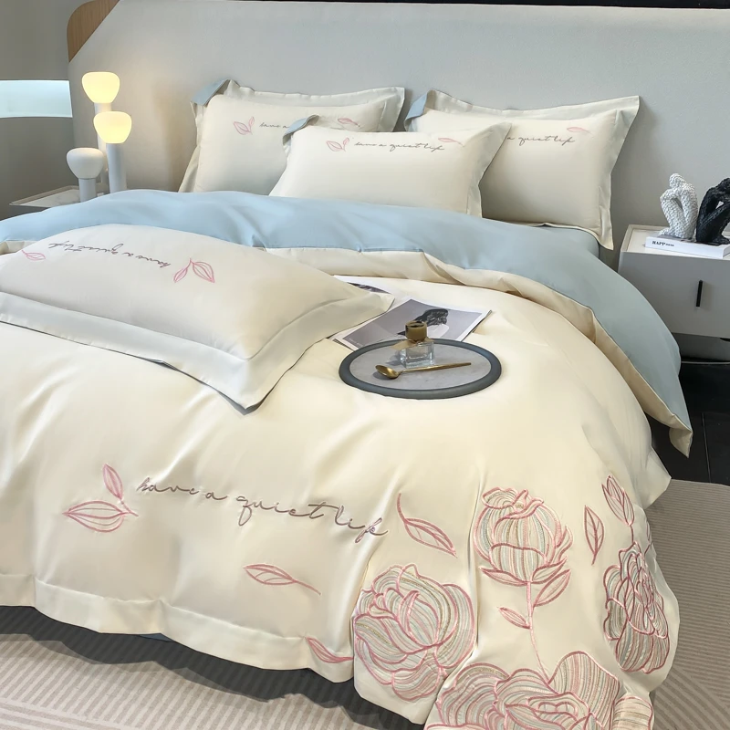 高端A类全棉刺绣四件套纯棉被套床单床笠学生宿舍家居床上用品5
