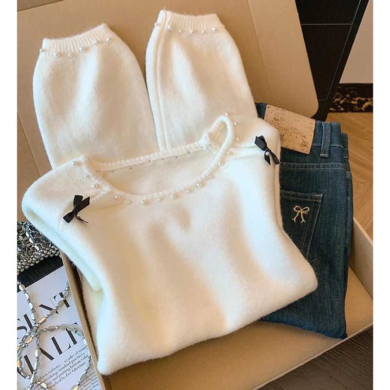 高级感甜美风钉珠套头长袖针织衫2025秋冬季温柔风简约蝴蝶结毛衣