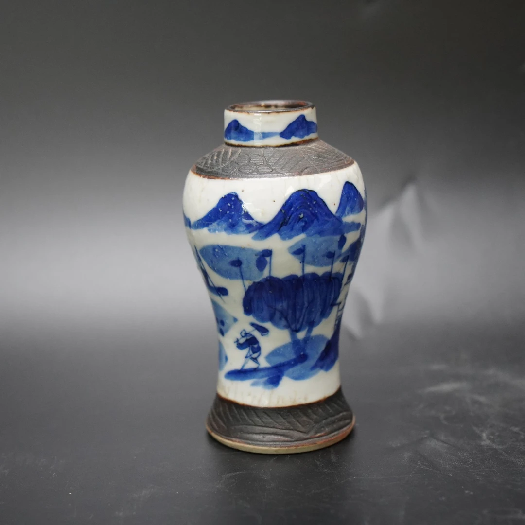 Lot.25072659清光绪哥釉青花人物山水纹赏瓶 高约12.5cm