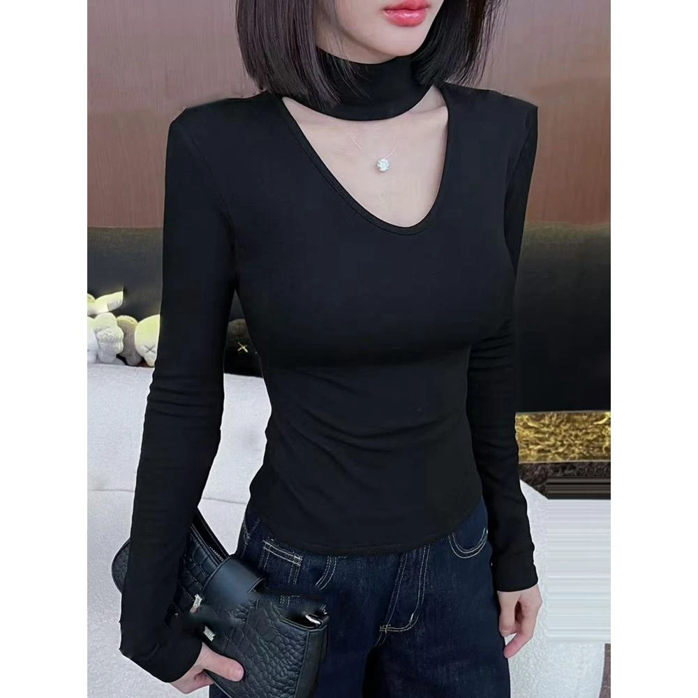 性感纯欲风半高领打底衫冬季新款挂脖内搭镂空修身显瘦长袖T恤女