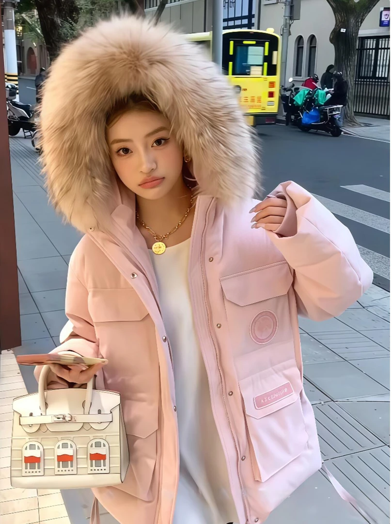 工装短款大毛领连帽保暖派克服2025冬季新款美式宽松加厚棉服外套