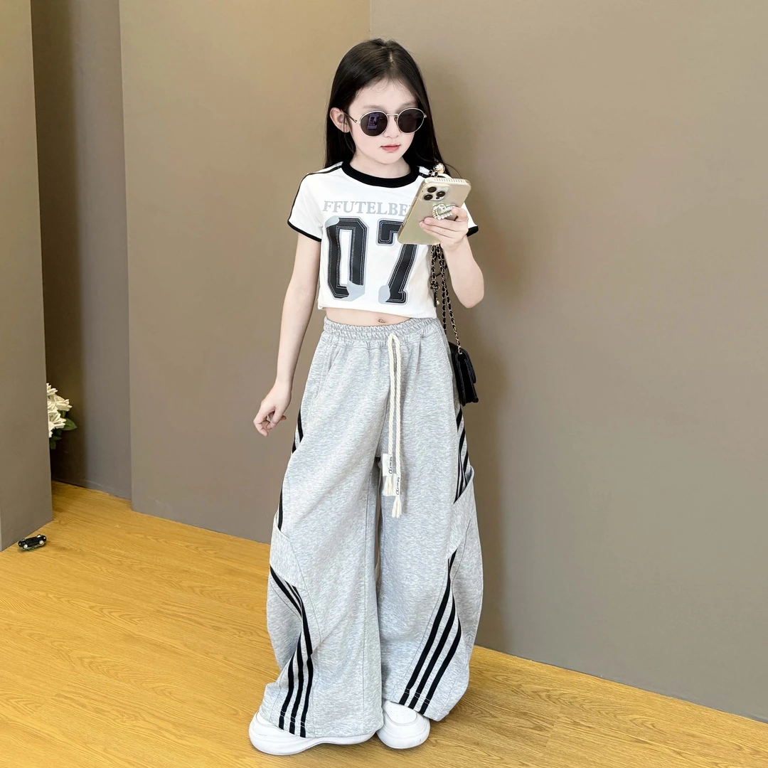 女童休闲裤夏季2025新款中大童款宽松运动裤短袖弯刀阔腿裤两件套