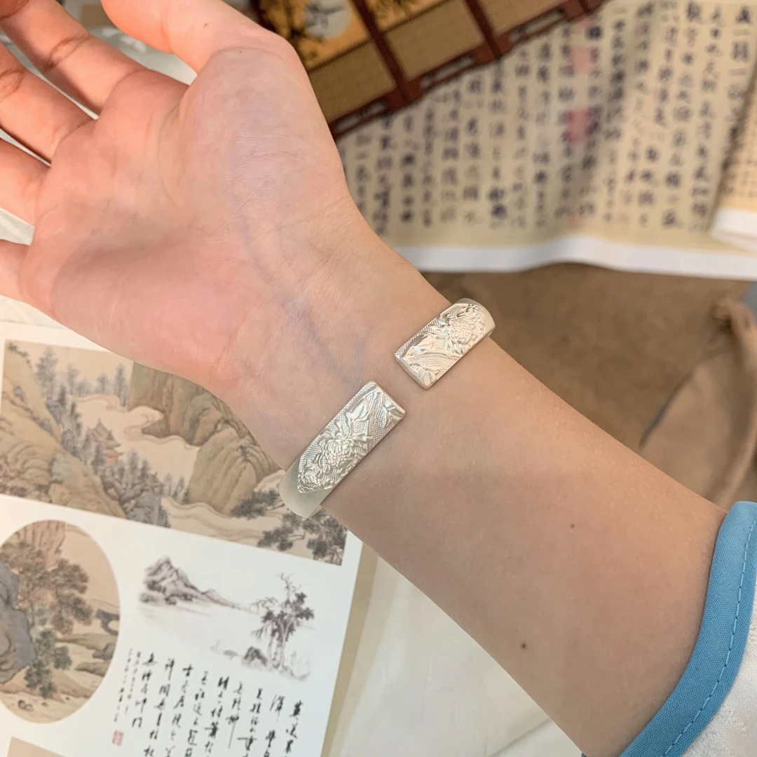 足银手镯 月鲤YUELI银饰 “菊绽未央” 足银999.9 国风手镯