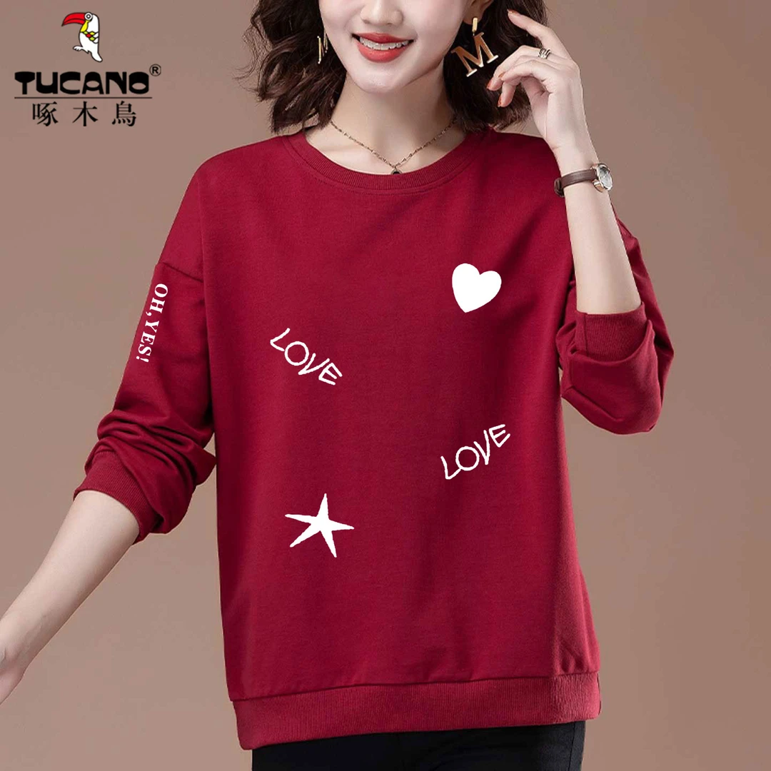 啄木鸟宽松卫衣女秋冬加绒加厚大码中老年妈妈圆领显瘦遮肚子上衣