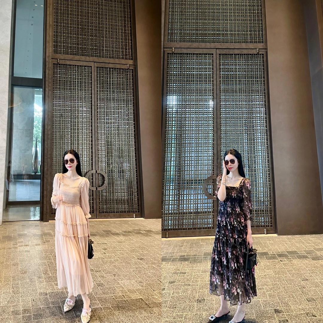 DL乐乐家【巴黎夜色】时尚气质收腰显瘦修身法式小众方领长款连衣裙