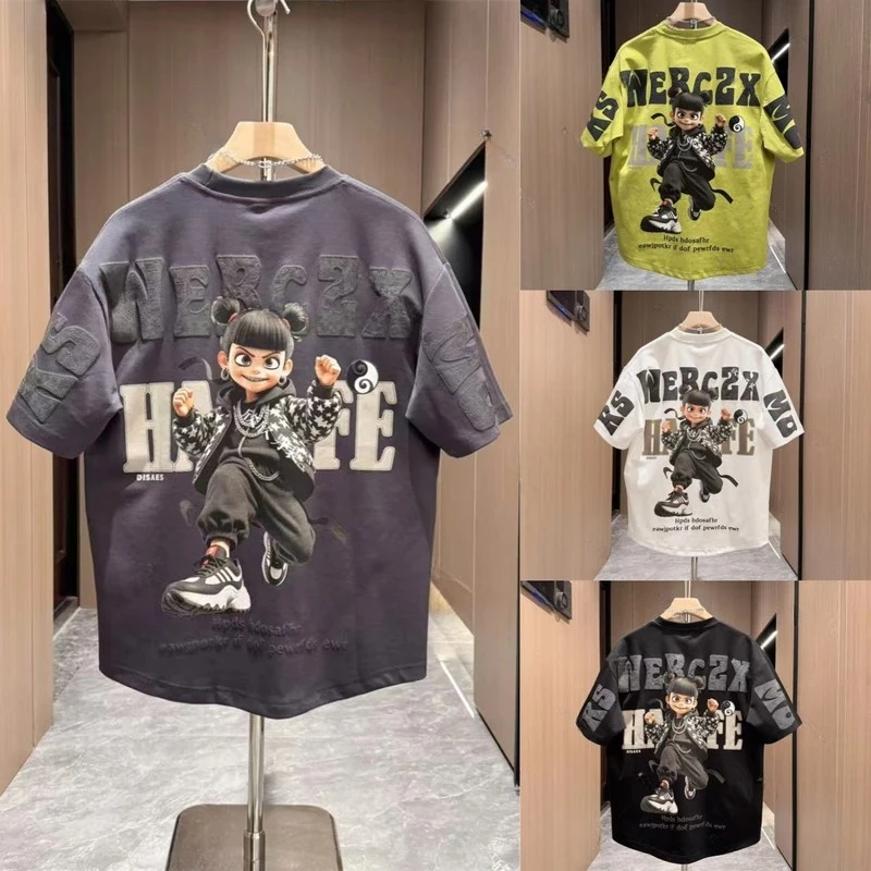 男童夏季新款潮牌印花彩绘哪吒重磅短袖T恤时尚男童纯棉t恤