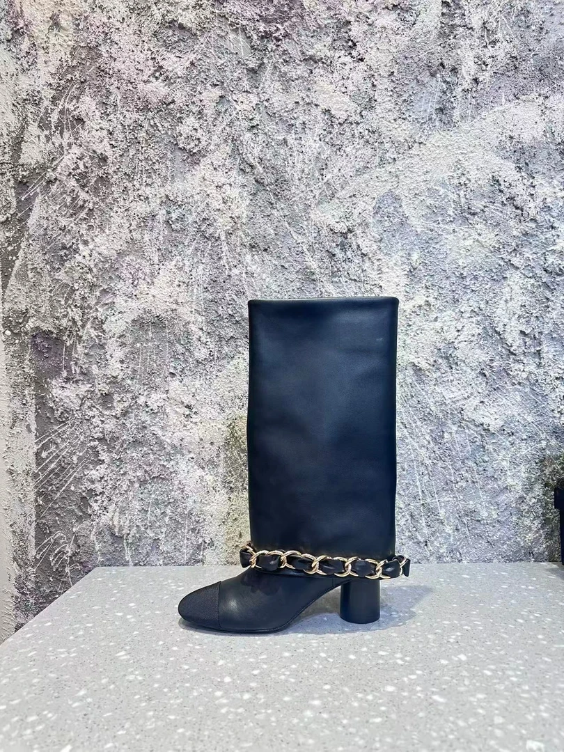 粗跟时装靴链条靴金属女士长粗跟靴长筒秋冬中筒时尚长靴Y