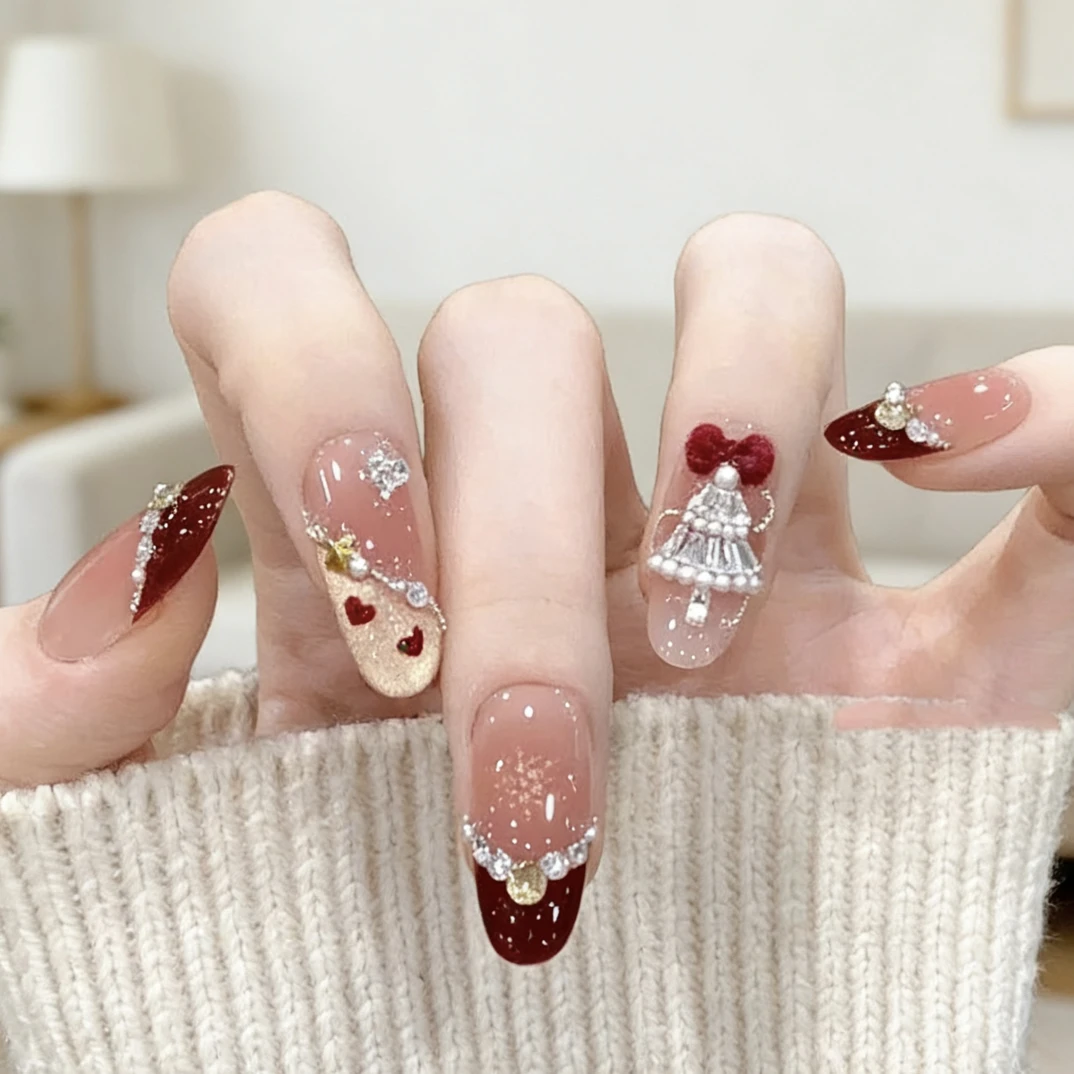 圣诞新年美甲纯手工气质酒红猫眼高级锆石裙摆立体蝴蝶结显白美甲