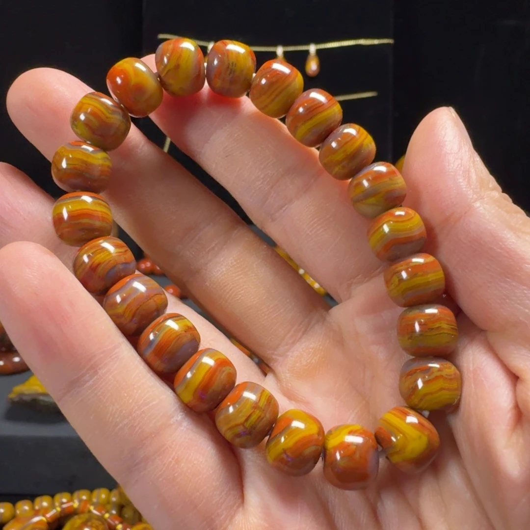 合金玛瑙/玉髓珠宝奇石北票战国红红黄拉丝手串 卡10