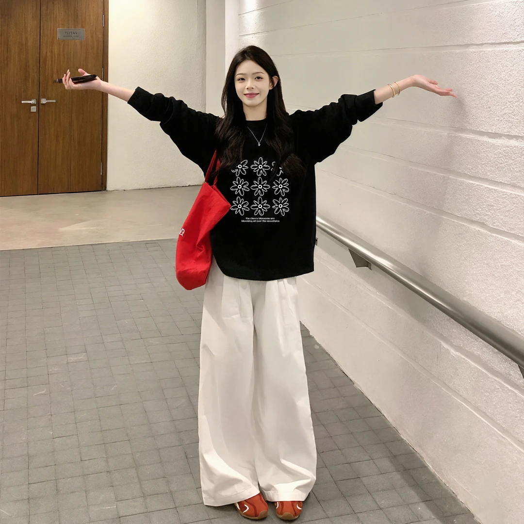 圆领卫衣女2025新款爆款秋季黑色加绒加厚无帽长袖巨好看的上衣