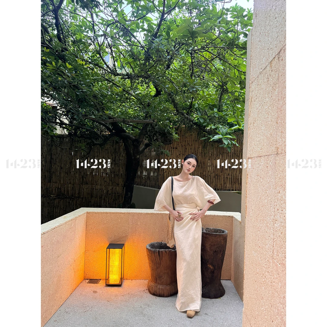 1423【素雅韵律】优雅宽松米白色亚麻气质新款简约上衣&一片式半裙