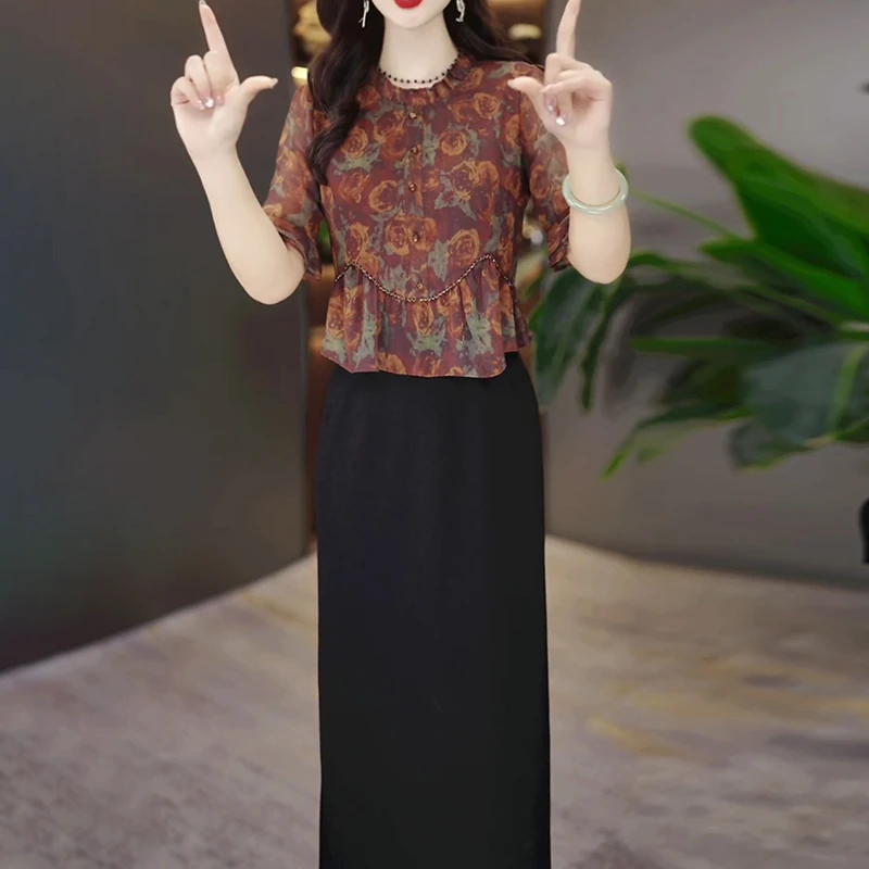 M0358 夏季25年新款高档洋气新中式收腰显瘦气质妈妈连衣裙女时尚