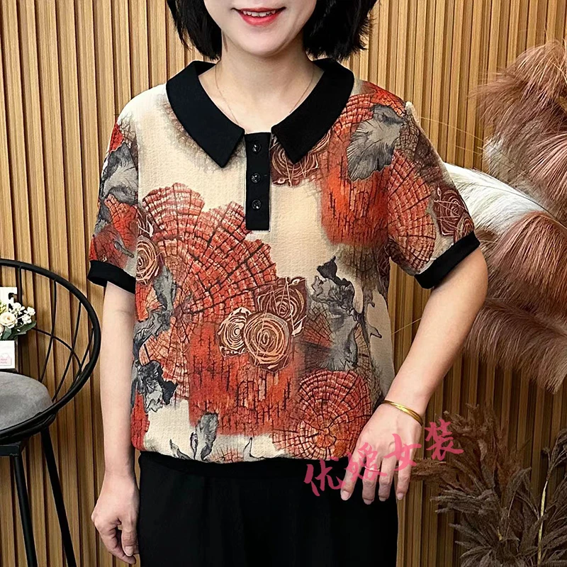 妈妈装夏季新款花色娃娃领麻料透气显瘦中老年女装短袖上衣 A6875