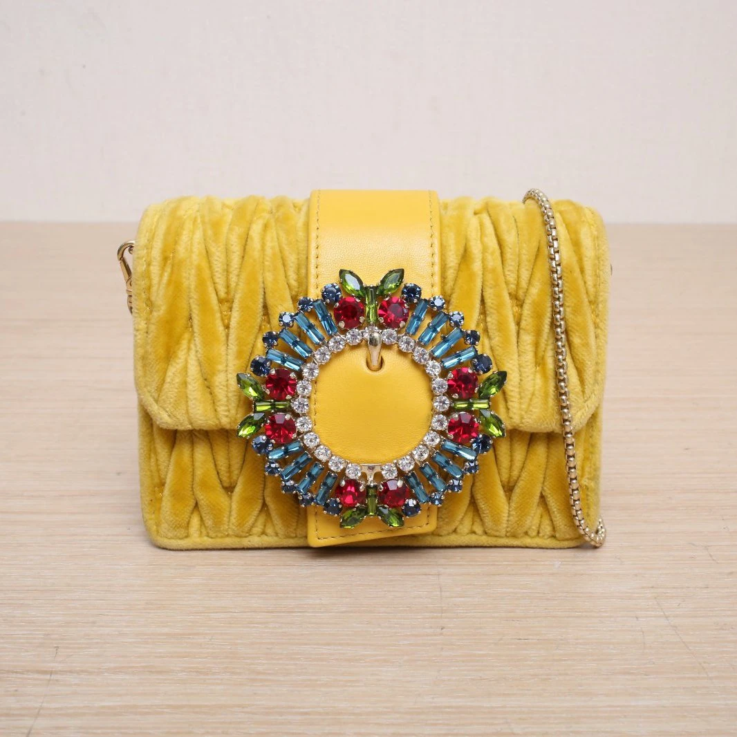 99新 MIU MIU/缪缪 【黑黑】 黄色 毛呢 太阳花 褶皱链条包 超mini