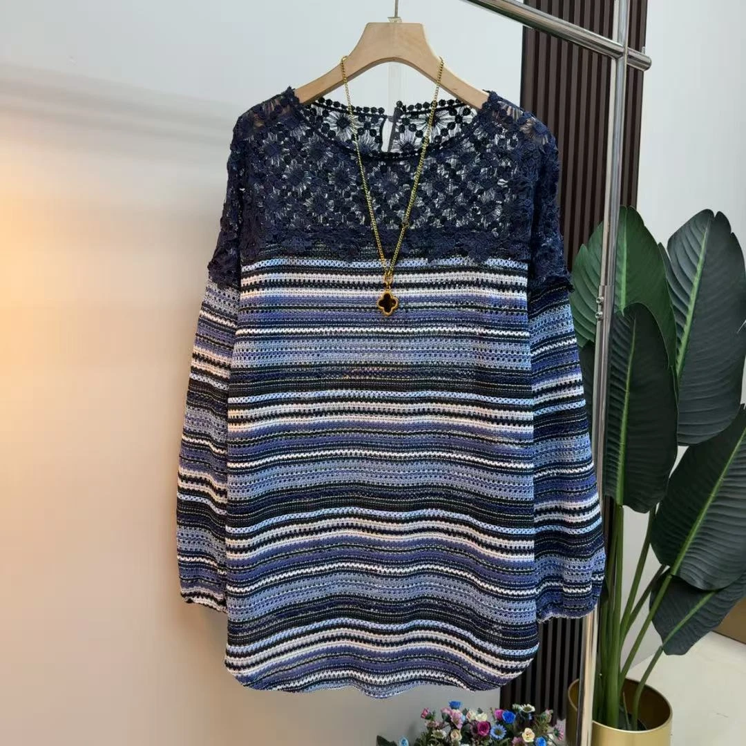 胖mm欧货时尚气质显瘦早秋长袖25167宽松条纹圆领韩版女人衫