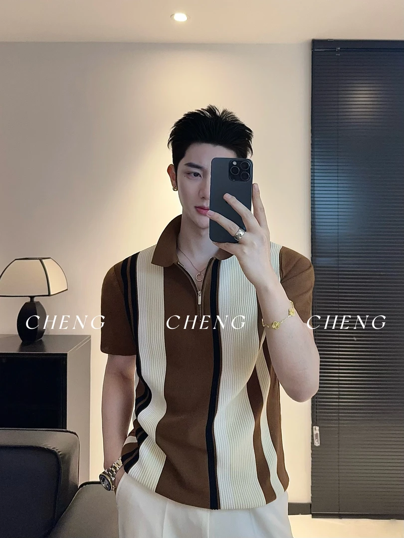 「程程的试衣间」复古条纹拼色显瘦气质针织短袖简约Polo衫时尚T恤