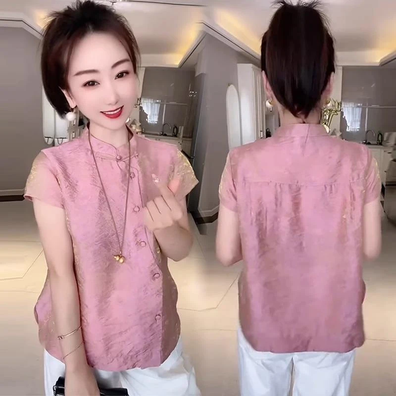 2025夏季新款短袖女上衣夏薄款轻奢高级感减龄显瘦百搭盘扣衬衣潮