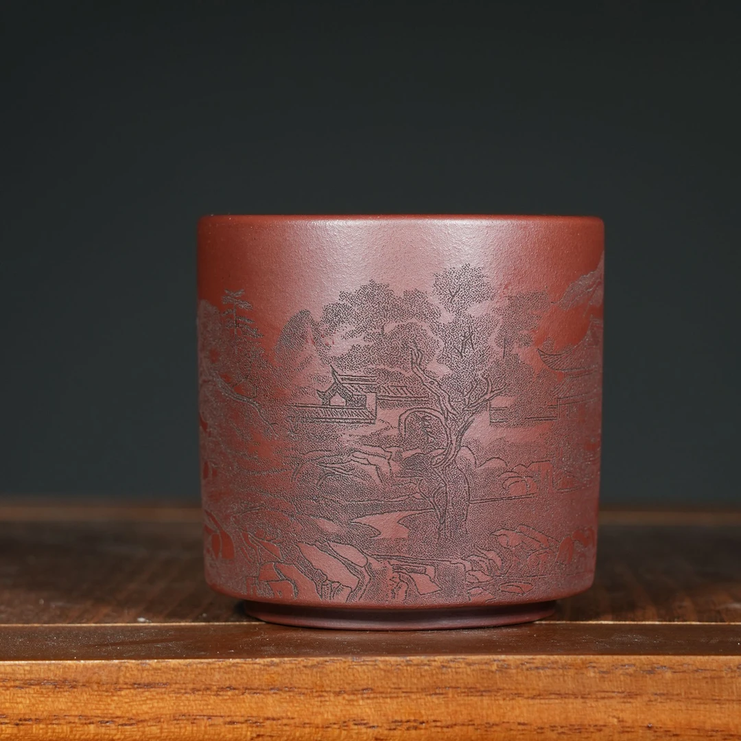 宜兴原矿龙血砂书法刻绘山水紫砂手工主人杯容量180CC
