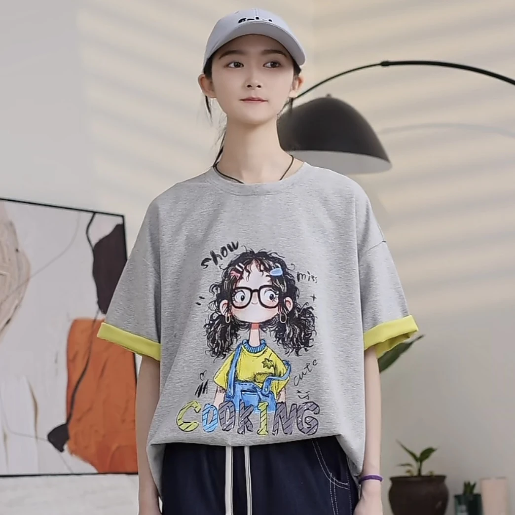女大童卡通数码印花高中生初中生拼色休闲圆领宽松时尚短袖T恤