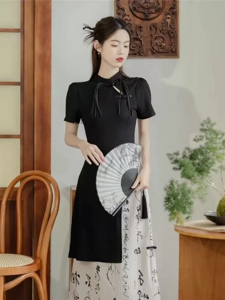 2175清冷女装禅意风新中式国潮改良旗袍古着水墨画连衣裙修身套装