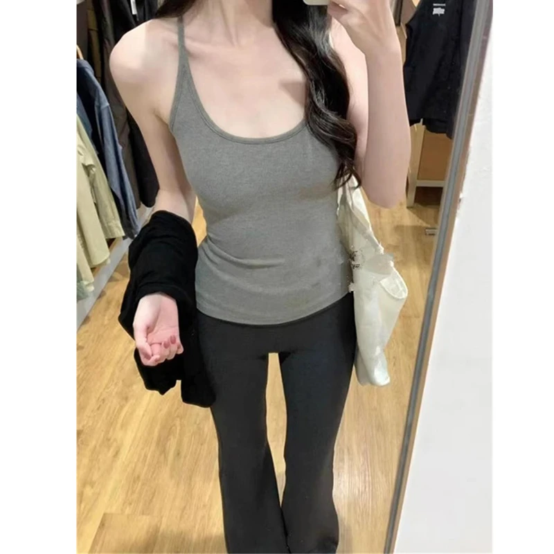 带胸垫吊带美式辣妹低领工字背心灰色女设计感小众外穿无袖打底衫