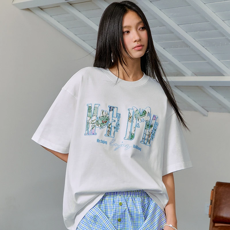 MEDM25SS蕾丝印花贴布蝴蝶LOGO短袖女t恤2025新款夏季美式体恤男