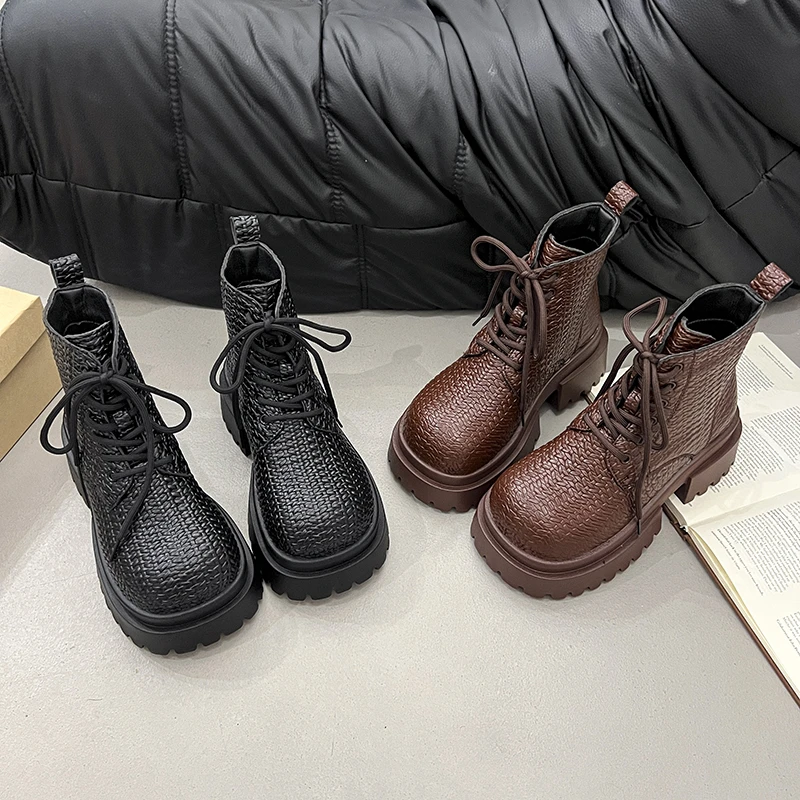 夏季薄款镂空编织马丁靴休闲瘦瘦靴单靴女鞋复古厚底系带短靴