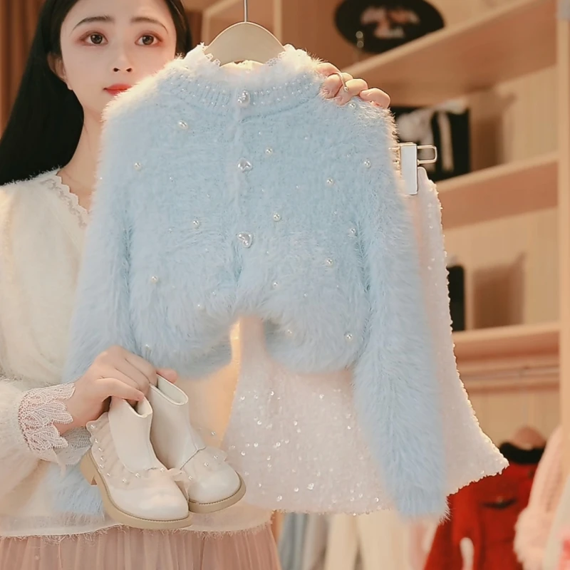 【媛媛妈专属】秋冬季女童新款洋气针织上衣小女孩甜美爱心毛衣外套