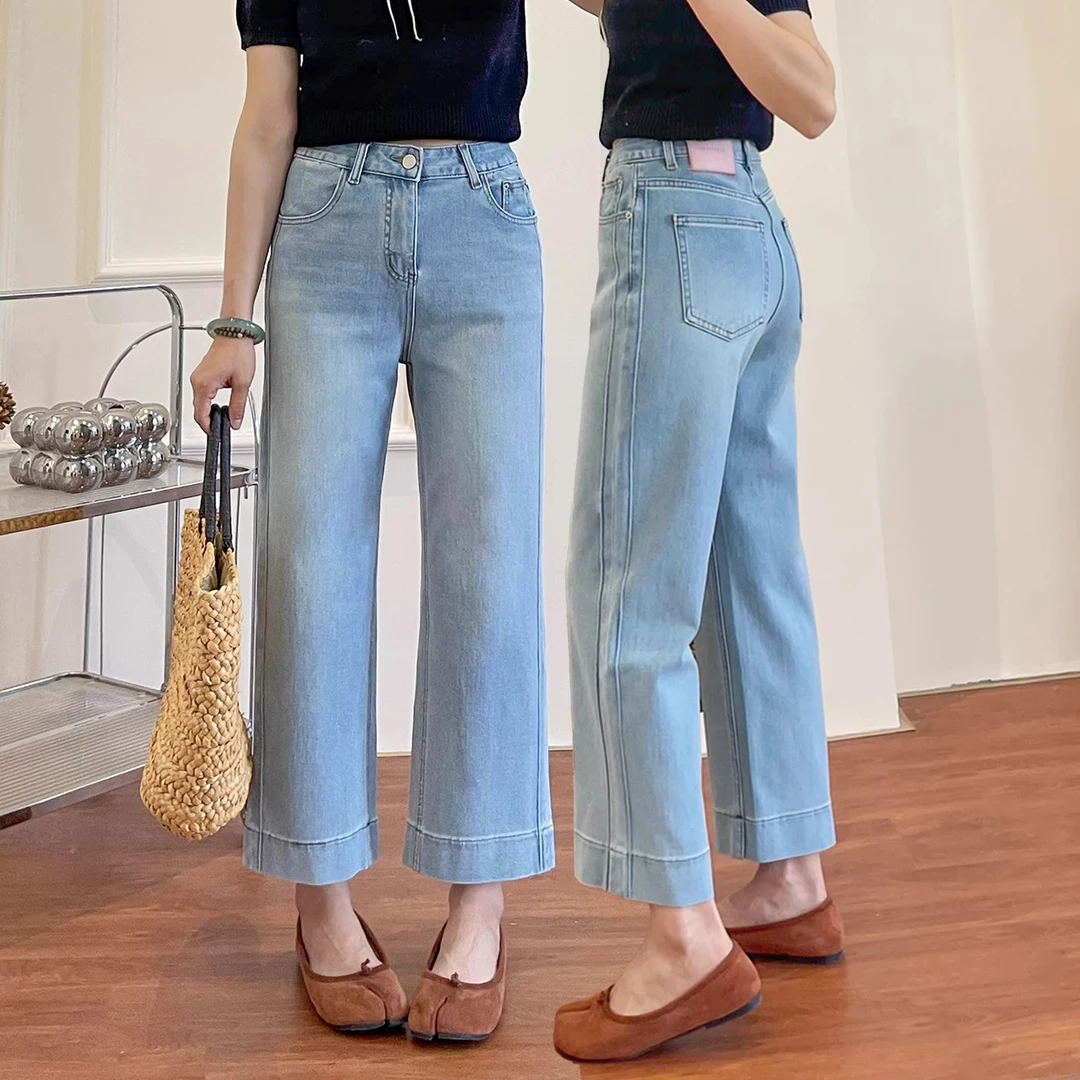 浅蓝色阔腿直筒牛仔裤女微胖大码MM梨形身材弹力遮胯显瘦九分裤子