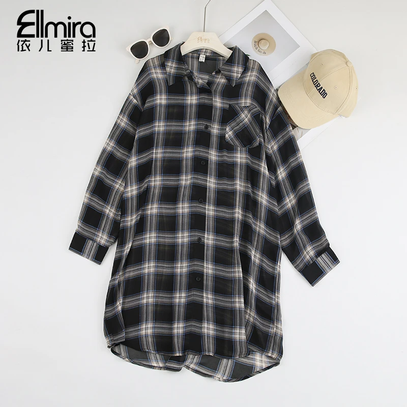 9236女童格子衬衫薄款夏季长款儿童空调衫上衣长袖2025新款洋气