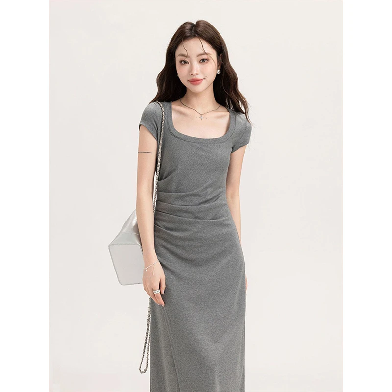 法式优雅高级感连衣裙2025夏季新款方领褶皱收腰长裙侧开叉设计女