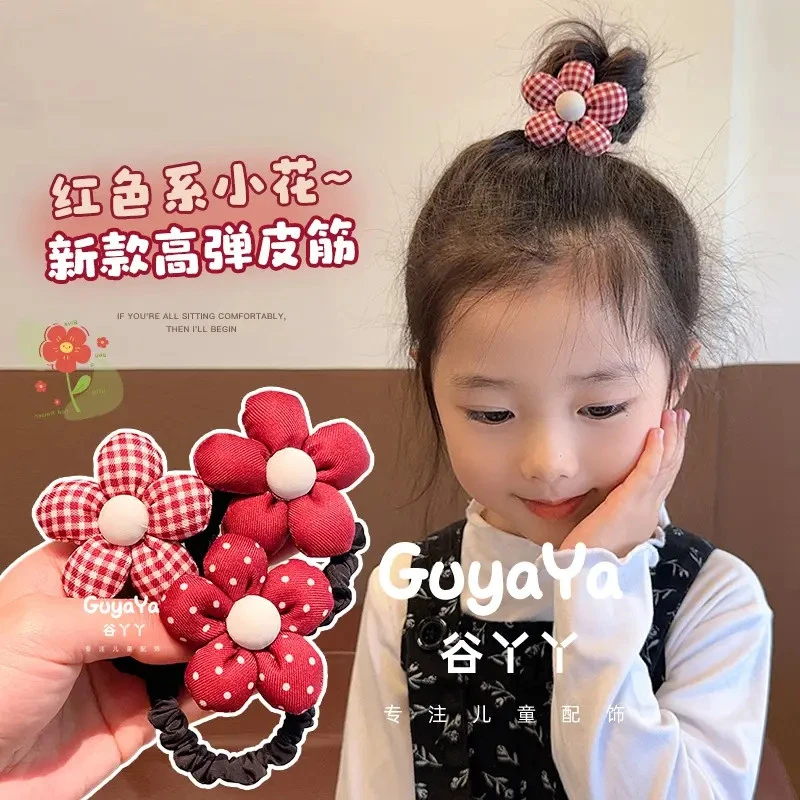 W国庆儿童波点红色大花朵头绳女童宝宝发圈小女孩不伤发蝴蝶结发